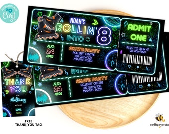 Editable Roller Skating Ticket template Glow Party Birthday ticket, Glow Gender Neutral Invites, boy Roller Skating Party, Neon Party R07