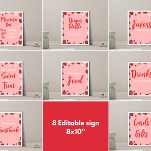 May include: Eight printable 8x10 inch signs with a pink background and strawberry pattern. The signs include the text: "Mimosa Bar", "Diaper Raffle", "Favors", "Sweet Treat", "Food", "Drinks", "Guestbook", and "Cards and Gifts".