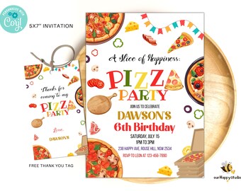 Puede incluir: Una invitación colorida de 12,7 x 17,8 cm para una fiesta de pizza para celebrar el sexto cumpleaños de Dawson. La invitación presenta una rebanada de pizza, cajas de pizza y el texto "A Slice of Happiness: Pizza Party".