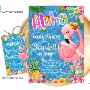 Editable Aloha Pool Party Invitation, Hawaiian Flamingo Birthday Invite ...