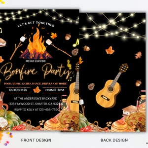 May include: A bonfire party invitation card featuring a black background with string lights, a campfire, s'mores, musical notes, a guitar, and autumn leaves. The text includes event details, date, time, location, and RSVP information for October 25.