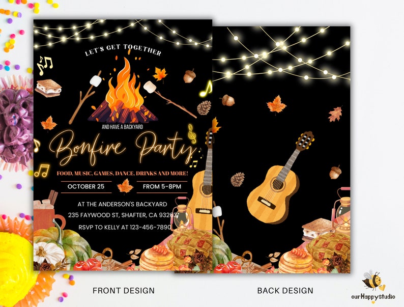 May include: A bonfire party invitation card featuring a black background with string lights, a campfire, s'mores, musical notes, a guitar, and autumn leaves. The text includes event details, date, time, location, and RSVP information for October 25.