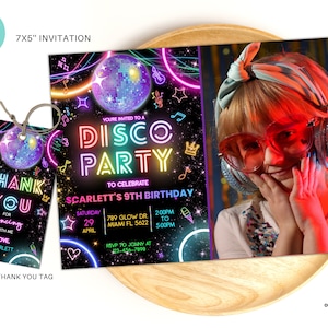 Editable Disco Party Birthday Photo Invitation, Disco Gender Neutral Invites, Dance Party Template, Neon Party Invites Editable Glow Party