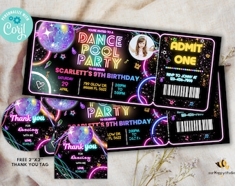 May include: A neon-colored ticket invitation for a dance pool party to celebrate Scarlett's 9th birthday. The invitation features a disco ball, stars, and a photo of a girl. It also includes a thank you tag with a disco ball and the text "Thank you for dancing with me, love, Scarlett".