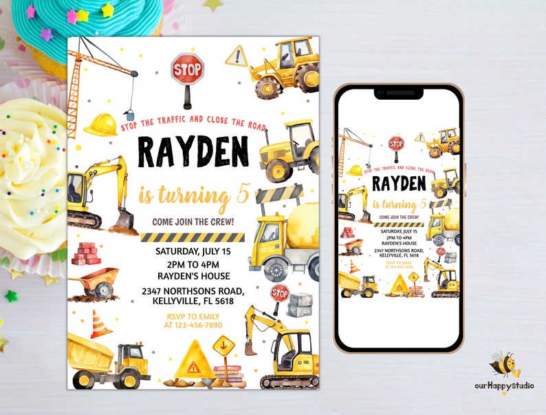 May include: Construction themed birthday invitation featuring a yellow excavator, tipper truck, and cement mixer. The invitation reads "Rayden is turning 5" and includes details for the party, including the date, time, and location.