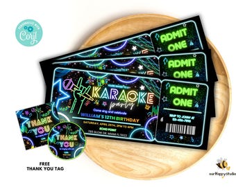 May include: A set of black karaoke party invitation tickets and thank you tags featuring neon-style graphics of a microphone, stars, and music notes. The text reads Karaoke Party, Admit One, William's 12th Birthday, and Thank You with event details.