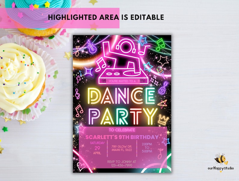 May include: Neon pink, green, blue, and yellow text on a black background reads "You're invited to a Dance Party to celebrate Scarlett's 9th Birthday".  The text is surrounded by stars, musical notes, and a DJ with headphones and a mixer.
