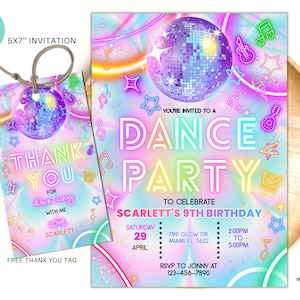 Editable Dance Party Birthday Invitation, Tie dye party Gender Neutral Invites, Neon Dance Party Template, Glow Dance Party Invites DP02