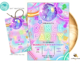 Faire-part d'anniversaire modifiable pour une soirée dansante, invitations neutres en matière de genre, modèle de soirée dansante néon, invitations de soirée dansante luminescentes DP02