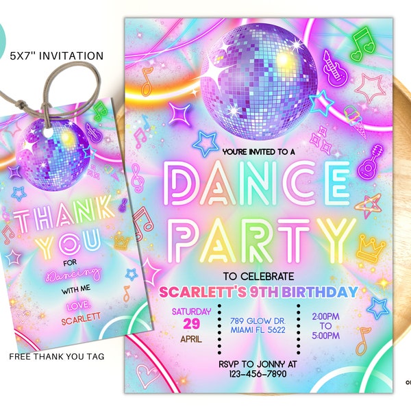 Editable Dance Party Birthday Invitation, Tie dye party Gender Neutral Invites, Neon Dance Party Template, Glow Dance Party Invites DP02