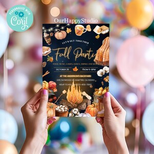 May include: A rectangular party invitation card with a dark blue background featuring watercolor illustrations of pumpkins, a campfire, s'mores, and a blanket. Text includes "Fall Party," "October 25," "From 5-8PM," and "At the Anderson's Backyard."
