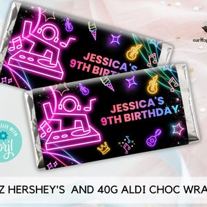 May include: Two chocolate bar wrappers with a neon-colored DJ theme. The wrappers are black with neon pink, blue, green, and yellow accents. The text on the wrappers reads "Jessica's 9th Birthday".