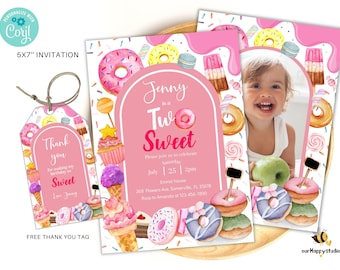 Editable Two Sweet Birthday Invite template, Donut 2nd Birthday Invitation, donut party invite, sweet girl birthday invitation SW02