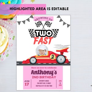 Editable Two fast invitation with photo Two fast boy car racing invites 2nd Birthday Party Invite Race Car Party instant download c01 image 3