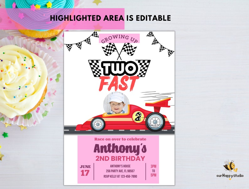 Editable Two fast invitation with photo Two fast boy car racing invites 2nd Birthday Party Invite Race Car Party instant download c01 image 3