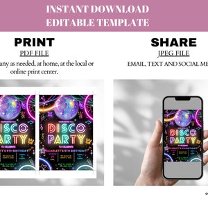 Bewerkbare discofeestverjaardagsuitnodiging, disco genderneutrale uitnodigingen, dansfeestsjabloon, neonfeestuitnodigingen bewerkbare gloedfeest afbeelding 6