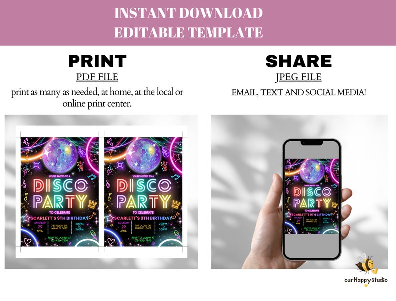 Bewerkbare discofeestverjaardagsuitnodiging, disco genderneutrale uitnodigingen, dansfeestsjabloon, neonfeestuitnodigingen bewerkbare gloedfeest afbeelding 6