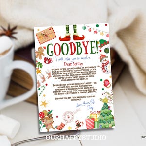 May include: A Christmas-themed printable card with a watercolor illustration of an elf, a snowman, and a reindeer. The card reads "GOODBYE! I will miss you so much Dear Jenny" and includes a message from the elf to Jenny.