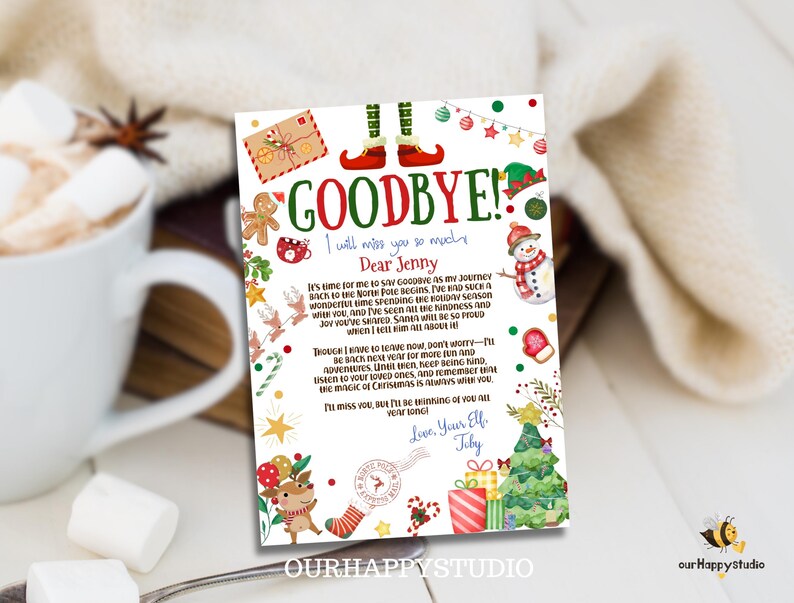 May include: A Christmas-themed printable card with a watercolor illustration of an elf, a snowman, and a reindeer. The card reads "GOODBYE! I will miss you so much Dear Jenny" and includes a message from the elf to Jenny.
