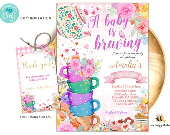 Tea Party Baby Shower Invitation, Pink Floral, Editable (Digital Download)