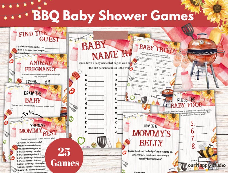 Op de afbeelding: Een set van 25 printbare babyshower-spellen met een BBQ-thema. De spellen omvatten "Vind de Gast", "Dierlijke Zwangerschap", "Teken de Baby", "Wie Kent Mama het Best", "Baby Naam Race", "Baby Trivia", "Raad het Babyvoedsel" en "Hoe Groot is Mama's Buik". De spellen zijn ontworpen met een aquarel-design met zonnebloemen, een grill en andere BBQ-elementen.