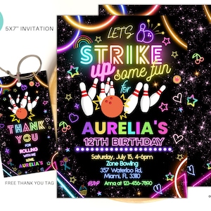 Editable Bowling Party Birthday Invitation, Strike bowling Invites, Bowling Party Template, Neon Party Invites Editable BP01