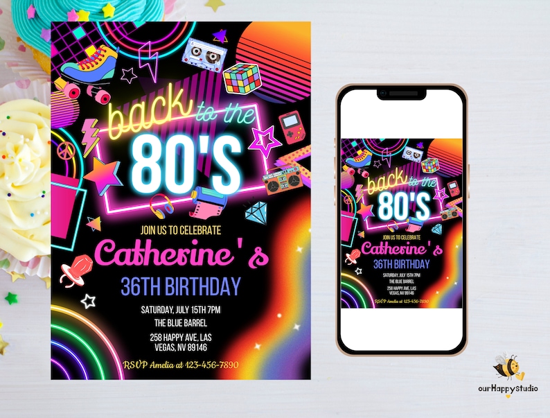 Editable 80s Birthday Party Invitation back to the 80s Neon party glow dance disco 2000s birthday 90s instant download BT03 image 4