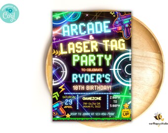 Editable Arcade Laser Tag Birthday Invitation, Neon Gamer Party Invite (Digital Download)
