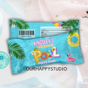 May include: A blue and green pool party favor bag with a flamingo, watermelon, and pineapple design. The bag says "Kingsley's 6th Birthday Pool Party Bash" and "OurHappyStudio".