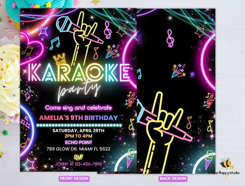Editable Karaoke Party Birthday Invitation, Glow Karaoke birthday party neon singing music party invite Karaoke and glow instant download 02 image 3