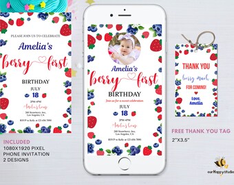 Editable Berry First Birthday Evite with photo template, Strawberry 1st Birthday Invitation, Berry party, fruit girl birthday invitation 03