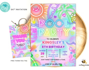 Editable pool party invitation, Glow neon invite, Tropical tie dye birthday pool party invitation swimming party instant download PTD02