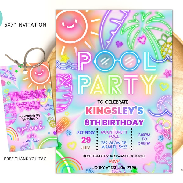 Invito modificabile per una festa in piscina, Invito al neon luminoso, Invito per una festa in piscina di compleanno con tintura per cravatta tropicale Download istantaneo della festa in piscina PTD02