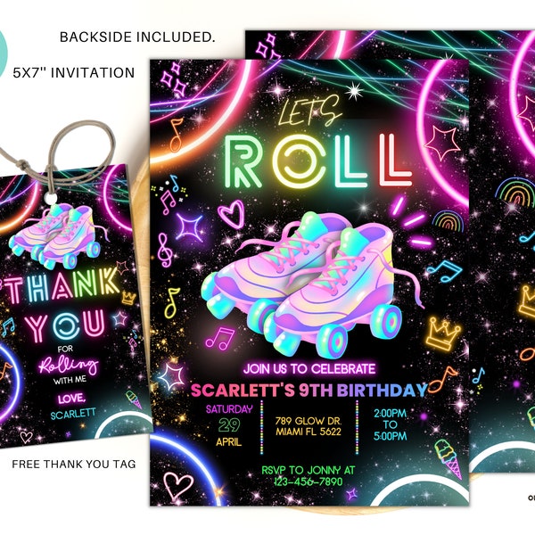 Editable Roller Skating Invitation Glow Party Birthday Invitation, Glow Gender Neutral Invites, Glow Roller Skating Party, Neon Party Invite