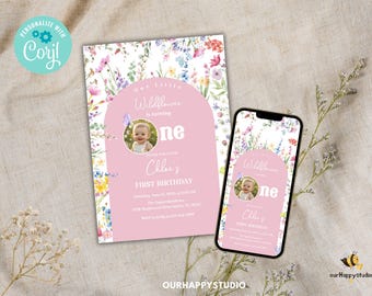 Editable Wildflowers Birthday invitation Wild One 1st birthday invitation Floral butterfly First Birthday Garden Girl Birthday template