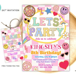 Invitación de cumpleaños con letras de parche editables, invitación con cara sonriente, cumpleaños retro maravilloso, invitación con emoji, fiesta de adolescentes, plantilla de cumpleaños para preadolescentes PPB01