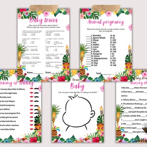May include: A set of printable baby shower games with a tropical theme. The games include "Baby Trivia", "Mommy or Daddy", "Draw Baby", "Animal Pregnancy", and "Baby Shower Nursery Rhyme".