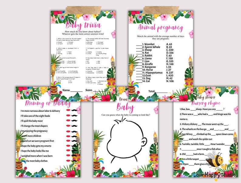 May include: A set of printable baby shower games with a tropical theme. The games include "Baby Trivia", "Mommy or Daddy", "Draw Baby", "Animal Pregnancy", and "Baby Shower Nursery Rhyme".