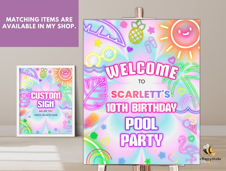 Editable Neon Pool Party Food Labels, Tie-dye Tent Cards (digital ...