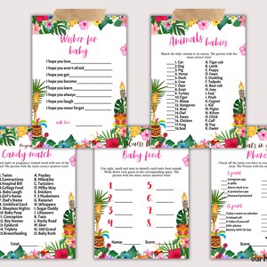 May include: A set of printable baby shower game cards with a tropical theme. The cards feature pink and green floral designs with a tiki mask motif. The games include "Wisher for Baby", "Candy Match", "Guess It Baby Food", "Animals Babies", and "What's in Your Phone".
