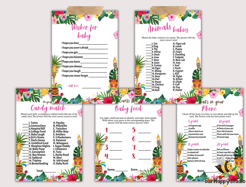 May include: A set of printable baby shower game cards with a tropical theme. The cards feature pink and green floral designs with a tiki mask motif. The games include "Wisher for Baby", "Candy Match", "Guess It Baby Food", "Animals Babies", and "What's in Your Phone".