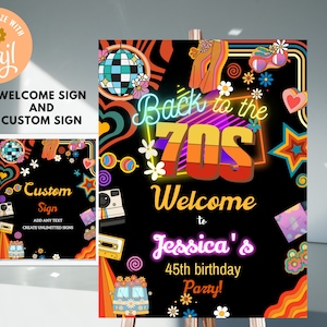 Letrero de bienvenida editable de los años 70, letrero personalizado de neón para fiesta de regreso a los años 70, pancarta de bienvenida para fiesta de baile, pancarta personalizada para fiesta de baile retro