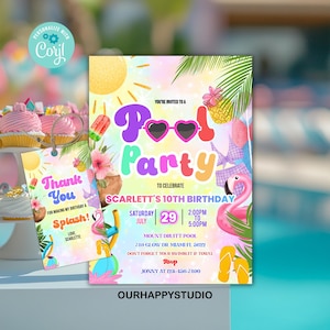 Editable pool party invitation, Glow neon invite, Tropical tie dye birthday pool party invitation swimming party instant download PPD8