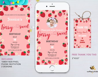 Editable Berry Sweet Birthday Evite with photo template, Strawberry 1st Birthday Invitation, Berry party, fruit girl birthday invitation,