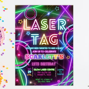 Editable Laser Tag Party Invitation Neon Birthday Party Invite glow laser tag birthday neutral laser party instant download LT01 zdjęcie 4