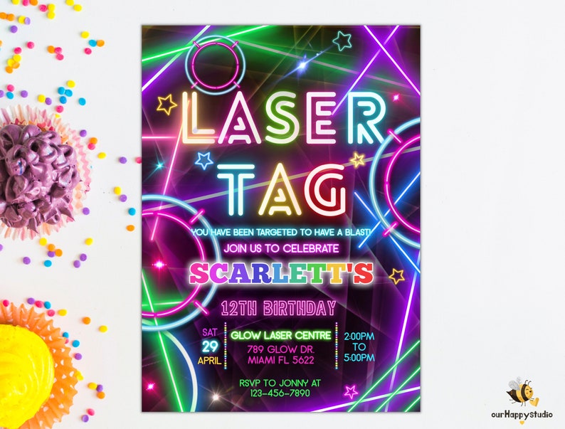 Bearbeitbare Laser Tag Party Einladung Neon Geburtstagsfeier einladen glow Laser Tag Geburtstag Neutral Laser Party Sofort Download LT01 Bild 4