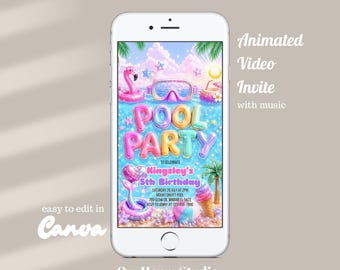 Animated Pool Party Invitation, Video invitation Pool Birthday, Beach party (Canva Electronic Mobile Invite ) PPIT3 1080x1920