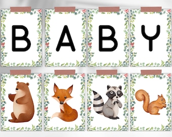 Editable Woodland baby shower banner, woodland animals banner greenery baby shower banner, woodland baby shower decorations. WL01
