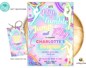 May include: A colorful invitation for a 6th birthday party with a gymnastics theme. The invitation features a silhouette of a gymnast performing a handstand, with the text "Let's Flip, Tumble, Jump and Play to Celebrate Charlotte's 6th Birthday". The invitation also includes details about the party, such as the date, time, and location.