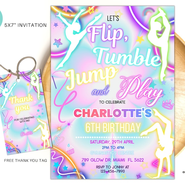 Editable rainbow Gymnastics Birthday Invitation, Jump tumble & play party invitation glow gymnastics birthday invite instant download GY02